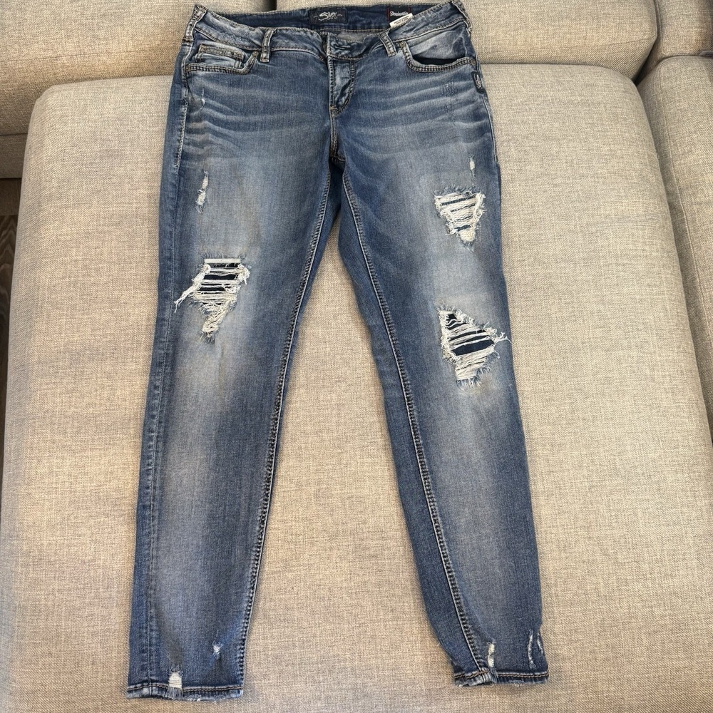 Silver Jeans Womens 32x 27 Distressed Skinny Jeans Stretch Mid Rise Girlfriend